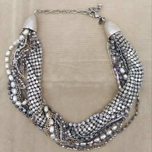 Maximalist Chainmail Chunky Necklace Chico's Chicos Silver Statement Piece Pearl